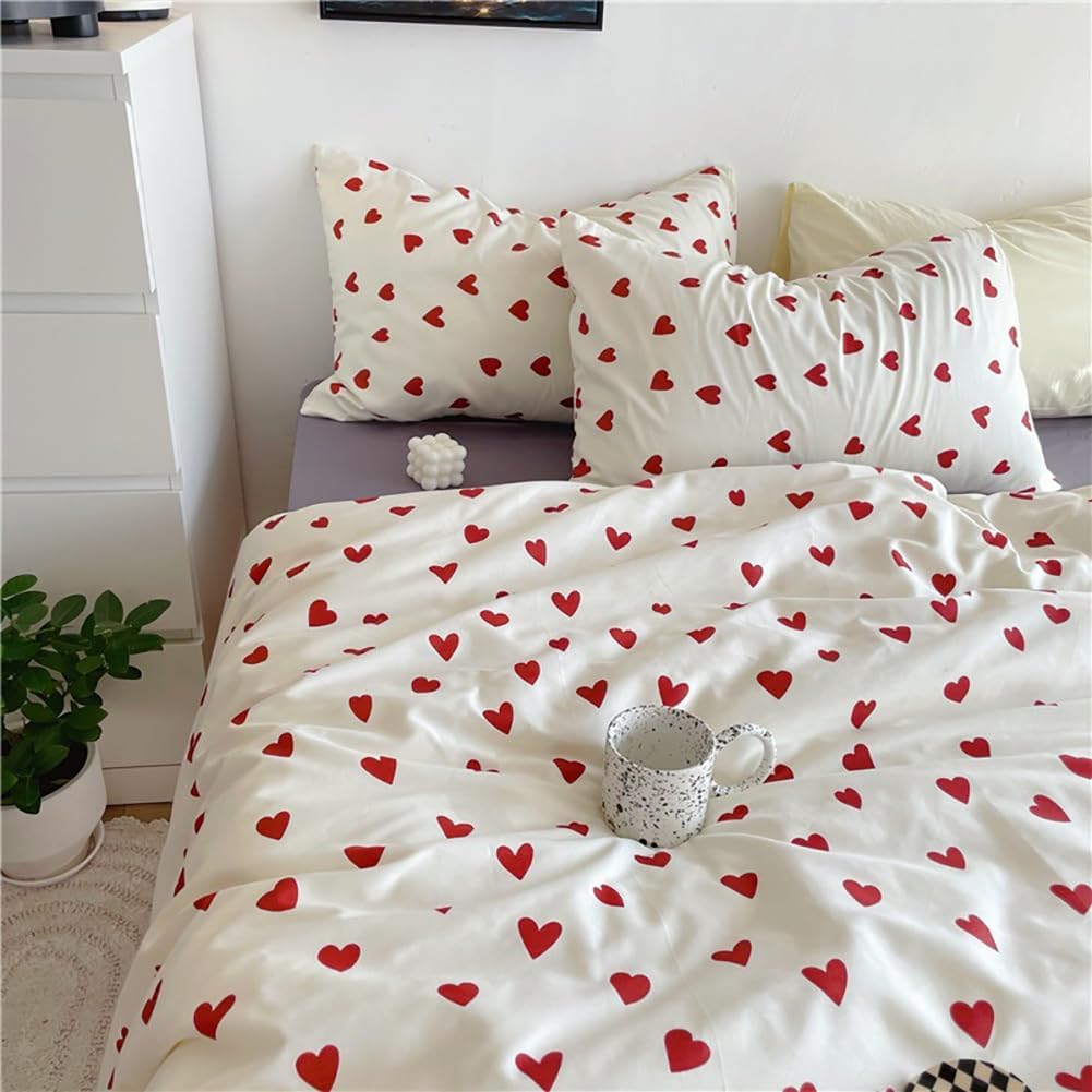 Detalle de Michorinee Housse de Couette Cœur 220x240 Rouge avec 2 Taies d'oreiller 65x65 cm – Parure de Lit Rouge et Blanche en Microfibre
