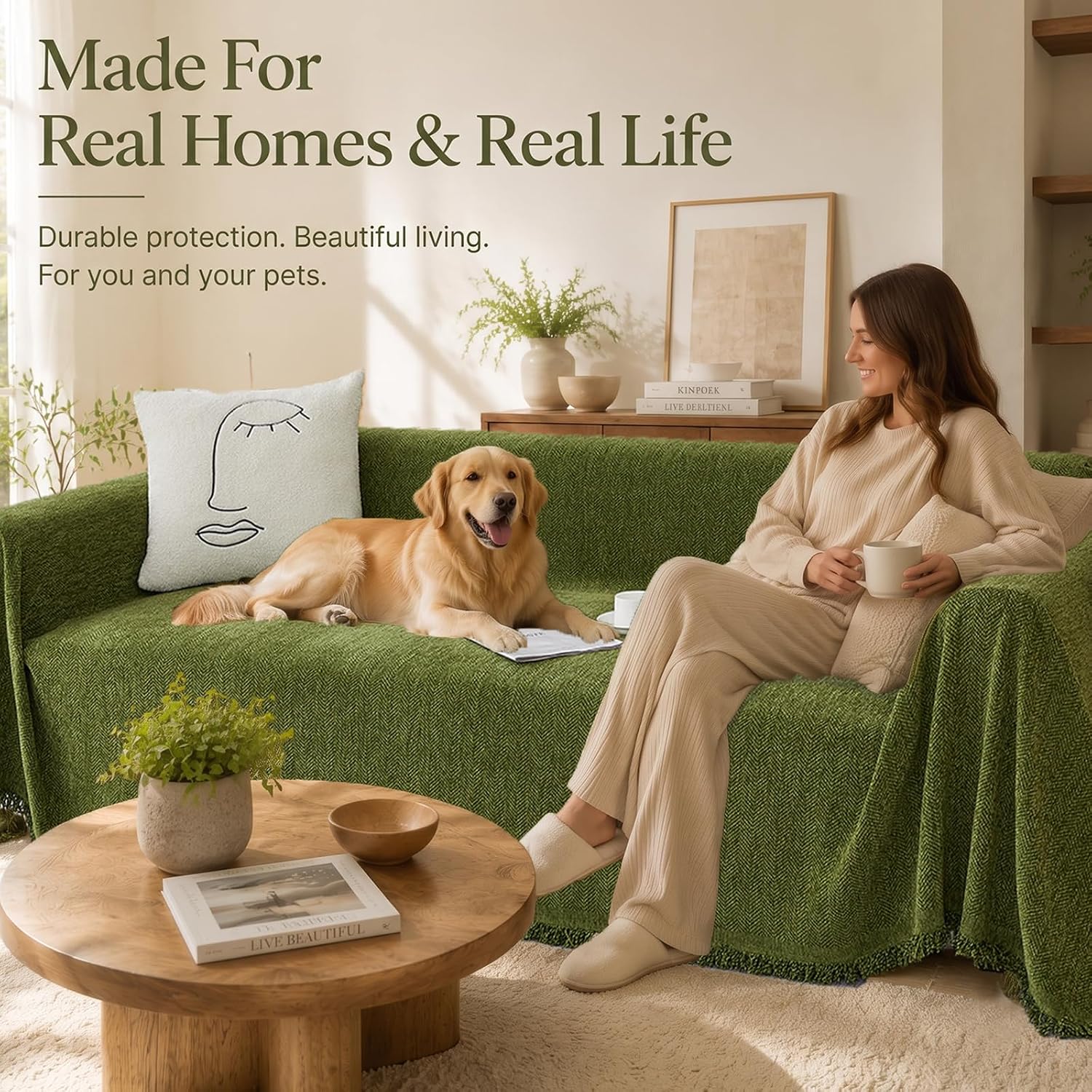 Thumbnail 1 de YHUKB Thick Chenille Sofa Cover, Green Geometric, 71 x 134 in