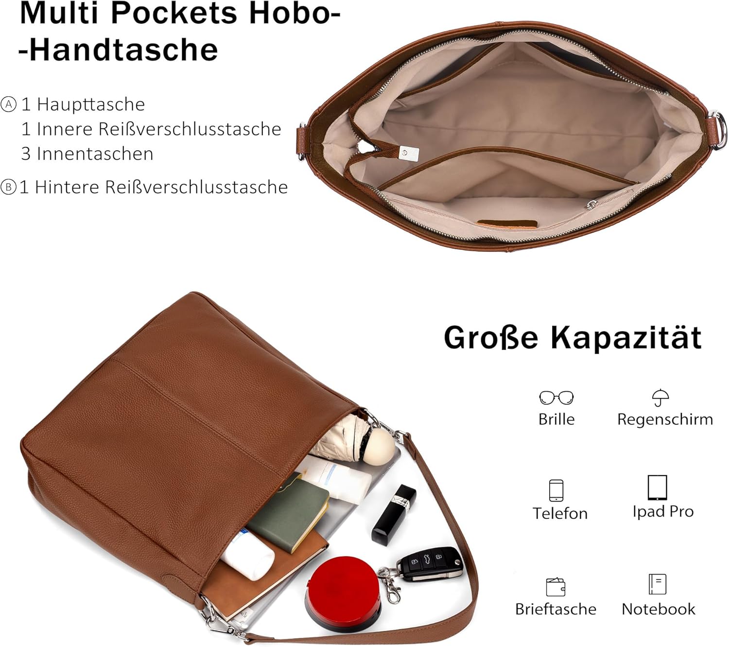 Thumbnail 3 de befen Damen Handtasche aus echtem Rindsleder – Hobo/Shopper Schultertasche mit 2 Trägern, weich & alltagstauglich