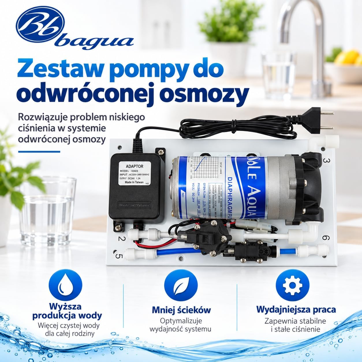 Detalle 2 de Bbagua zestaw pompy ciśnieniowej do osmozy z presostatami i transformatorem