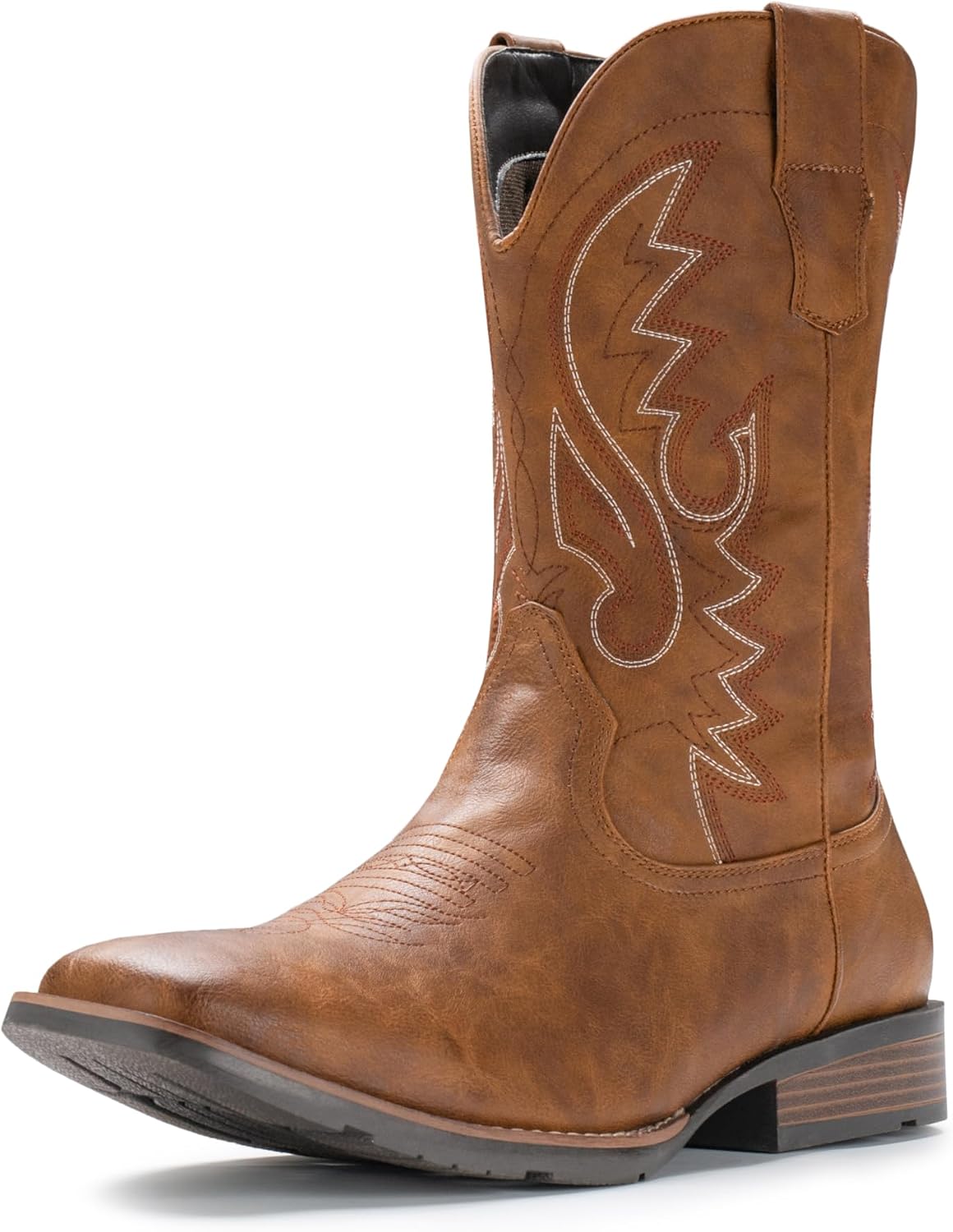 Detalle de IUV Men’s Cowboy Boots with Wide Square Toe, Western Embroidery, Pull-On Slip-Resistant Sole