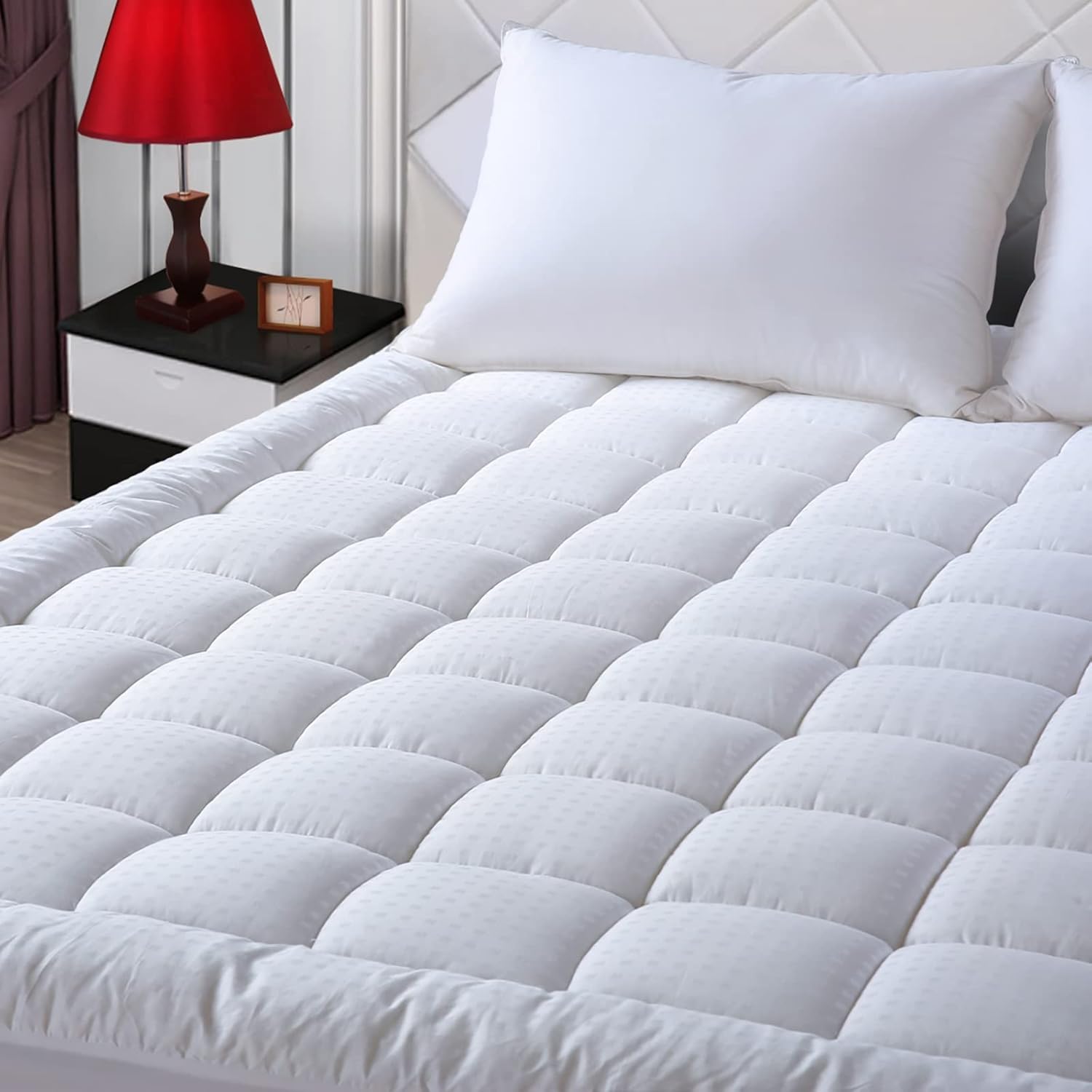 Detalle de EASELAND King Quilted Mattress Pad Cover (Deep Pocket, 21"), Cotton Top & Down-Alternative Fill