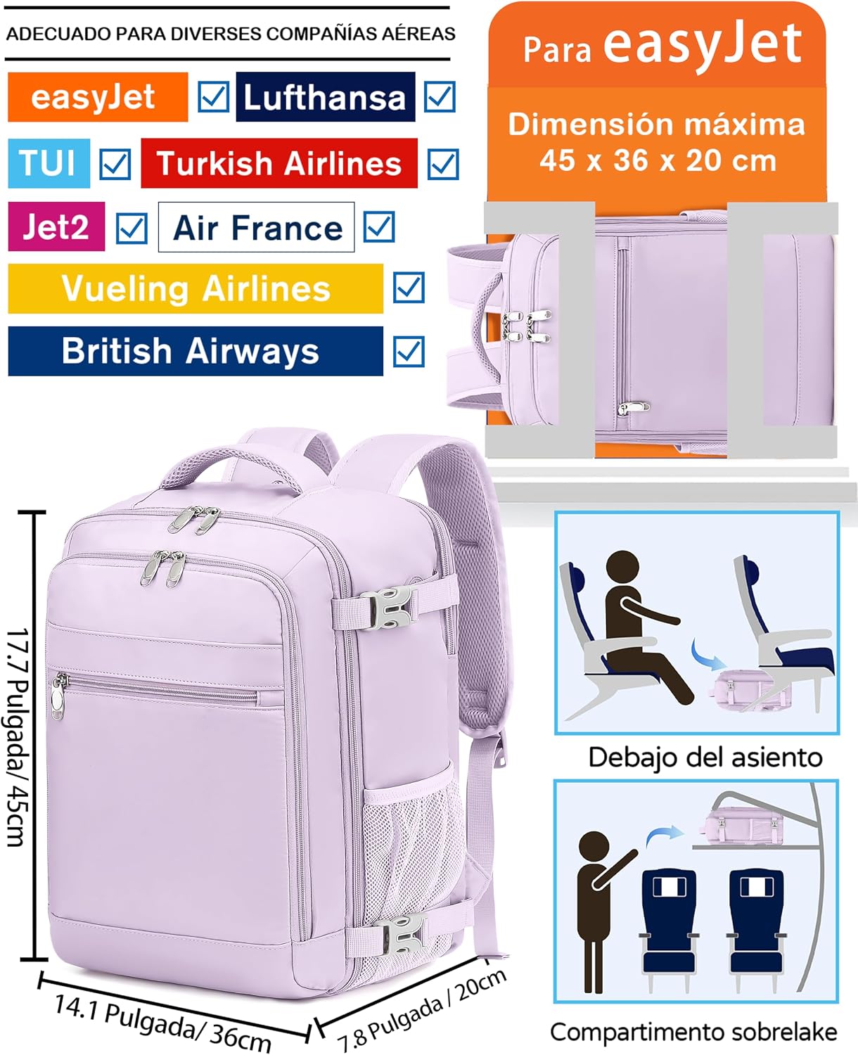 Detalle 2 de KLOSTAIN Mochila de Cabina 45x36x20 cm (30 L) para EasyJet: práctica, cómoda y versátil