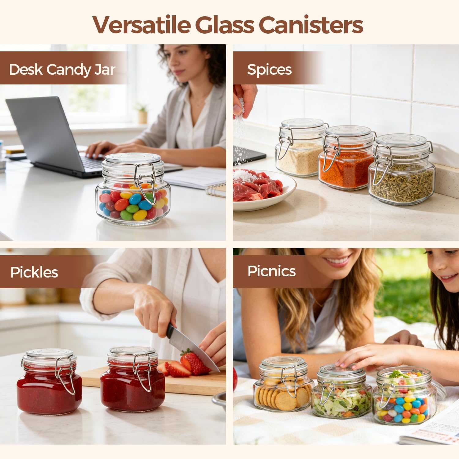 Thumbnail 6 de ComSaf Set of 6 Square Glass Jars with Airtight Wire Clamp Lids (17 Oz)