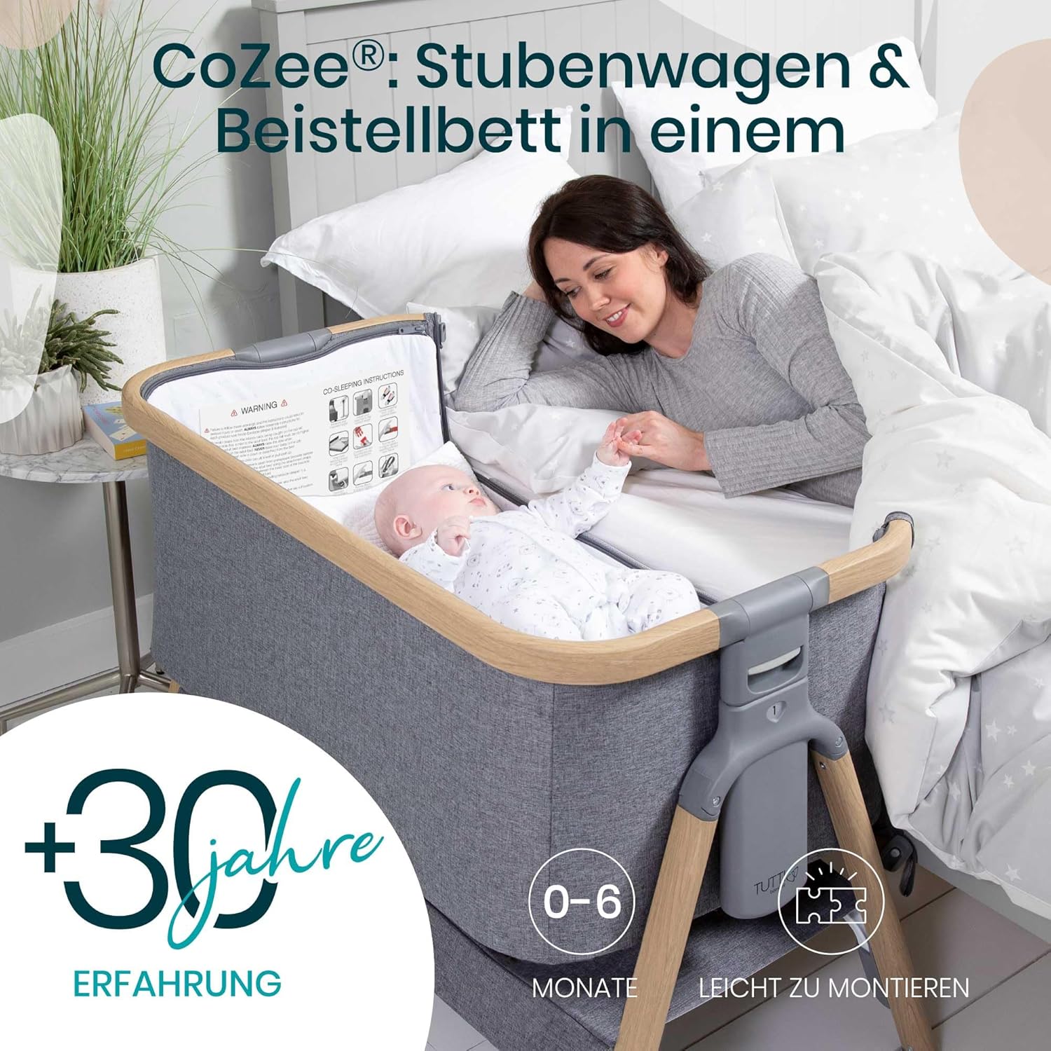 Thumbnail 1 de Tutti Bambini CoZee 2-in-1 Beistellbett & Reisebett (0–6 Monate) mit Matratze – 6-fach höhenverstellbar, faltbar, Mesh-Fenster – Eiche & Anthrazit