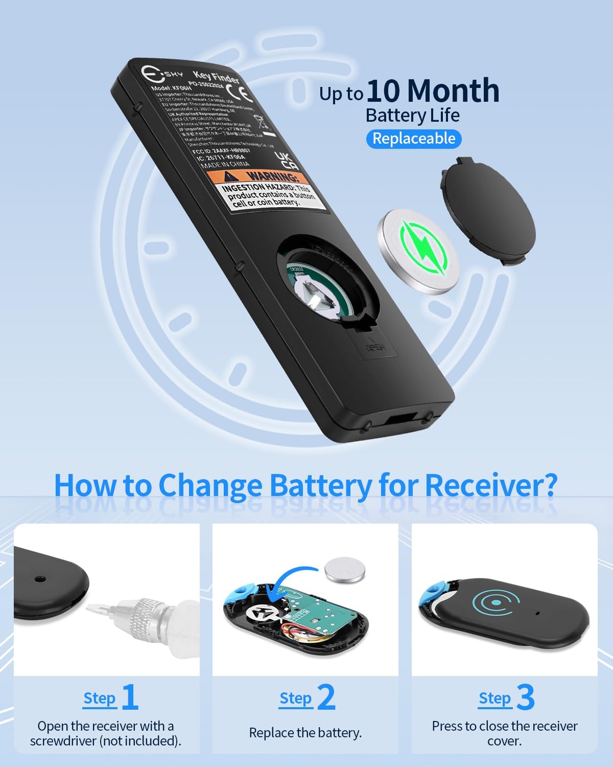 Detalle 2 de Esky Ultra Slim Key Finder with 80dB Sound, 100ft RF Range and 6 Receivers