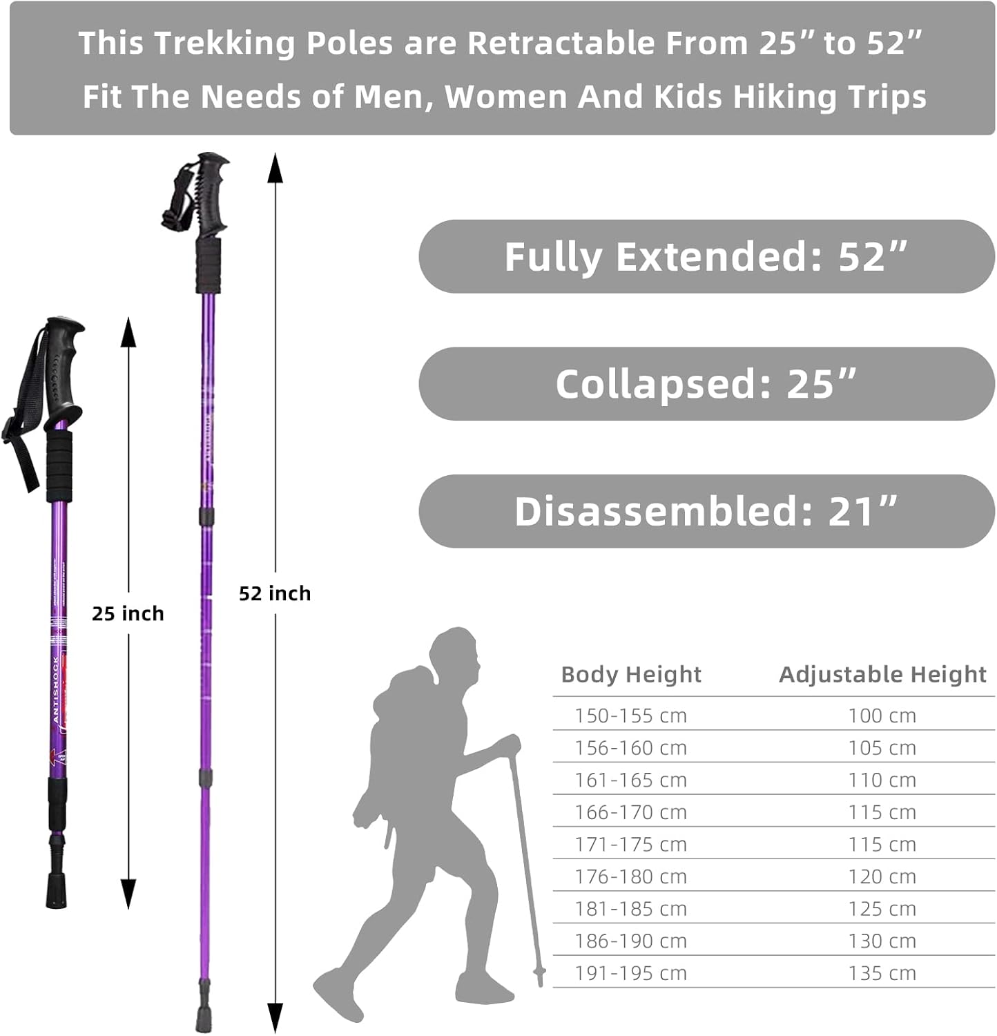 Detalle de Aihoye Hiking & Trekking Poles (2-Pack) Collapsible, Lightweight, Anti-Shock, Adjustable Walking Sticks