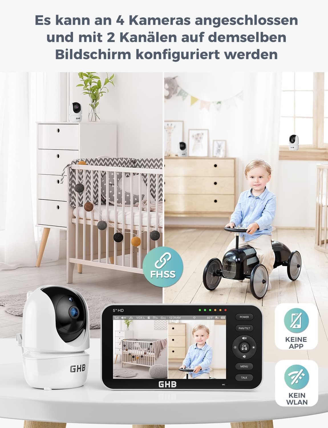 Detalle de GHB Babyphone mit Kamera 5 Zoll – 720P HD Display, VOX Schlafmodus und 168 Stunden Akkulaufzeit