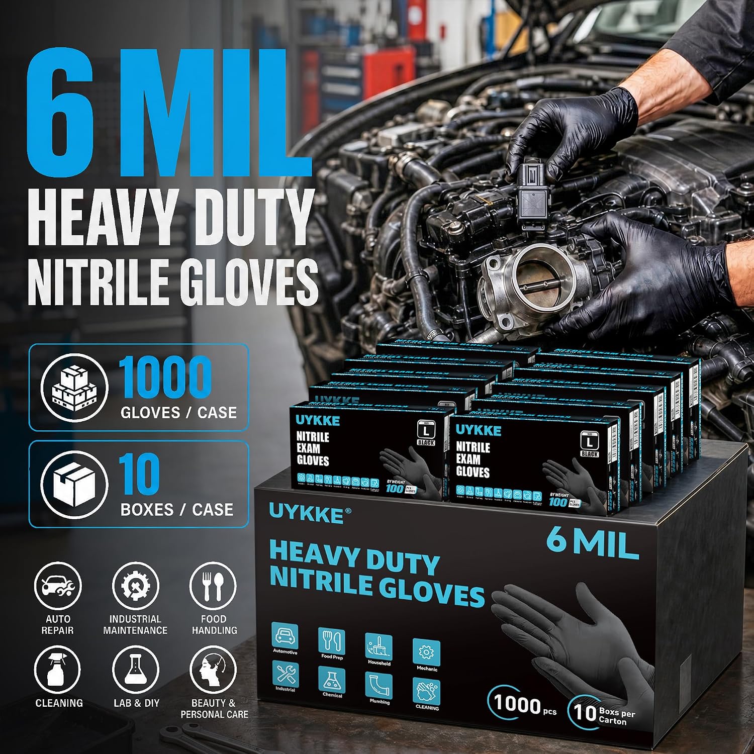 Detalle de UYKKE Heavy Duty 6 Mil Nitrile Black Gloves (1000 pcs) — Latex-free, Powder-free, Textured Tips