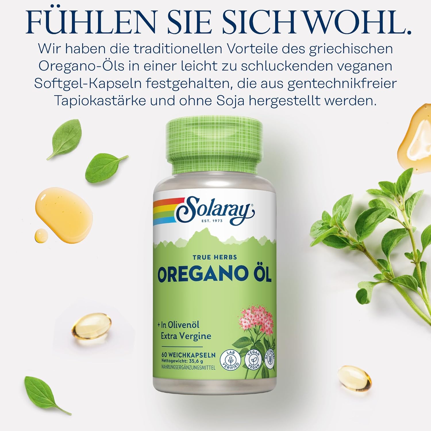 Detalle de Solaray Oreganoöl 150 mg – 60 vegane Softgels mit nativem Olivenölextra, Omega-3 & 6