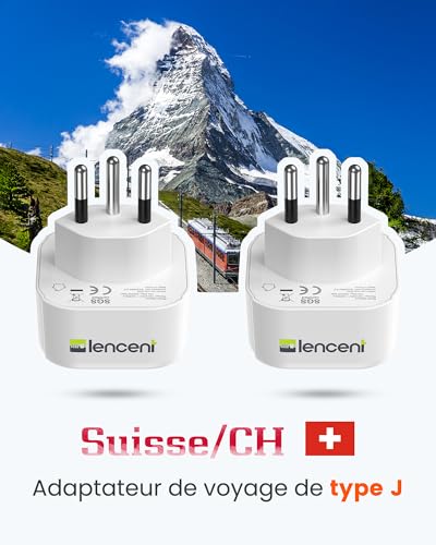 Detalle de LENCENT Adaptateur France-Suisse Type J, lot de deux avec terre et sécurité enfant