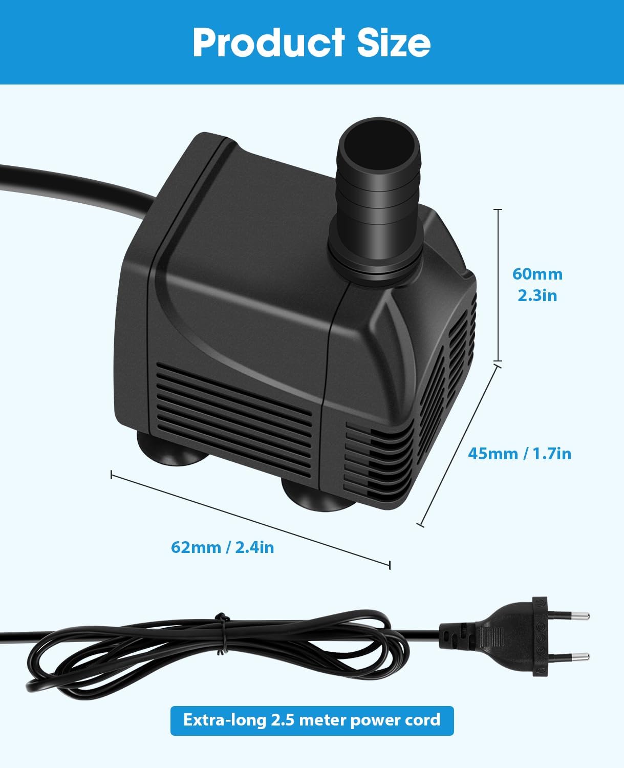 Detalle de Wasserpumpe Klein Tauchpumpe 800 L/h – kompakte Tauchpumpe mit 2,5 m Kabel, 1,5 m Schlauch und zwei Düsen