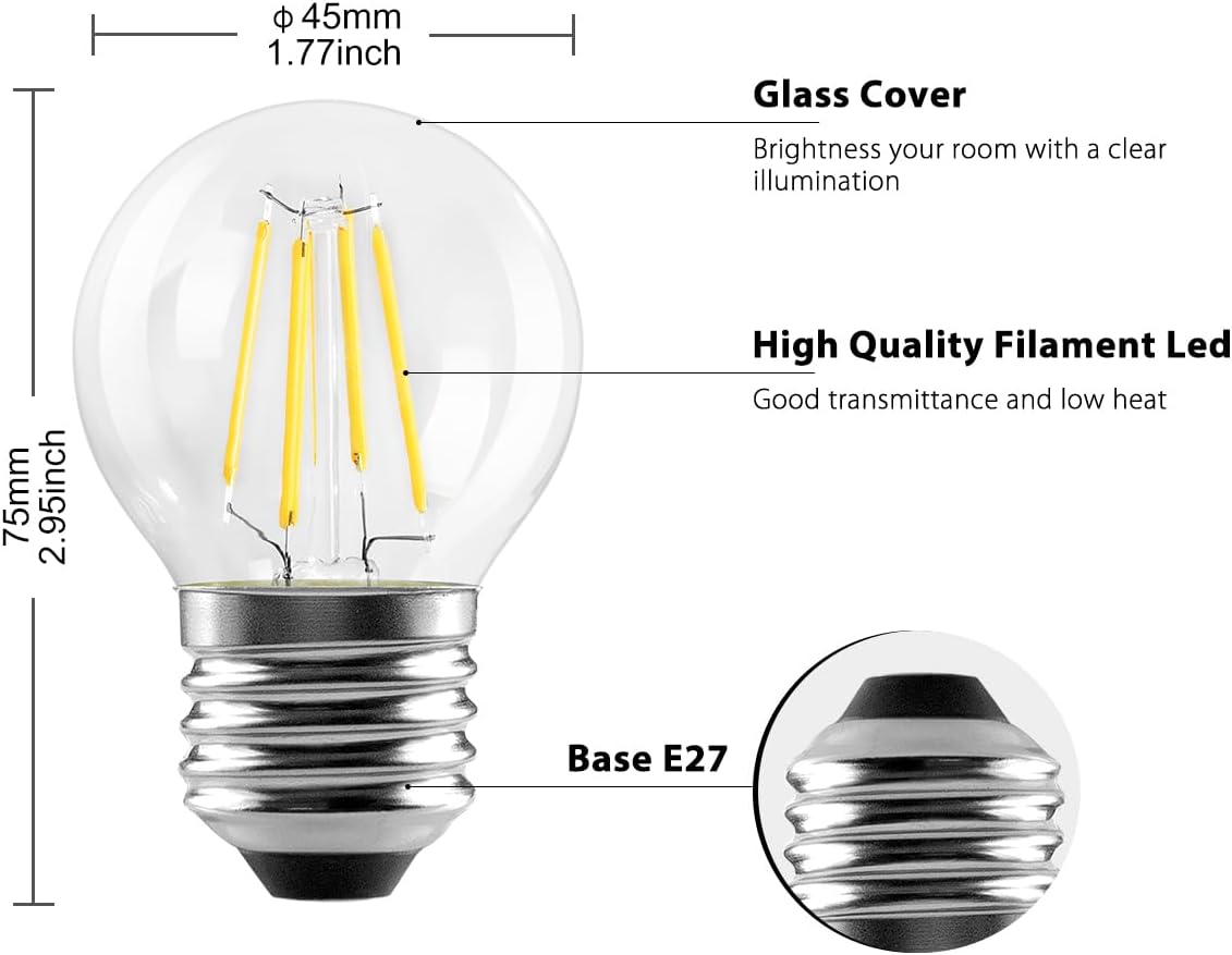 Detalle 2 de LVWIT 4W G45 LED Filament Golfball Bulb (6 Pack) – Warm White, 2700K, 470Lm, Non-dimmable, E27 Base