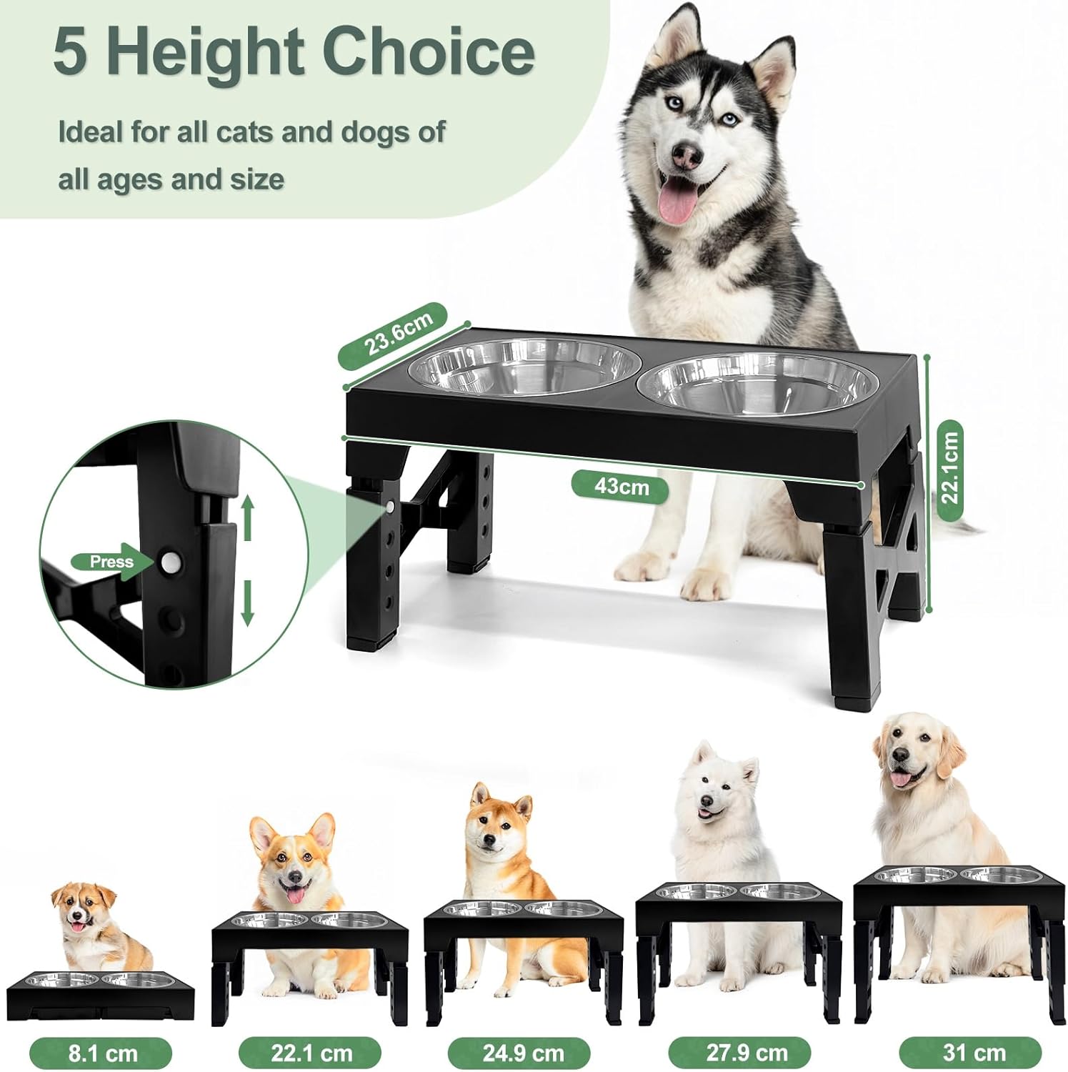 Thumbnail 1 de Niubya erhöhte Hundenäpfe mit 5 Höhen (8–31 cm) & 2 Edelstahlschüsseln plus Slow Feeder-Schüssel