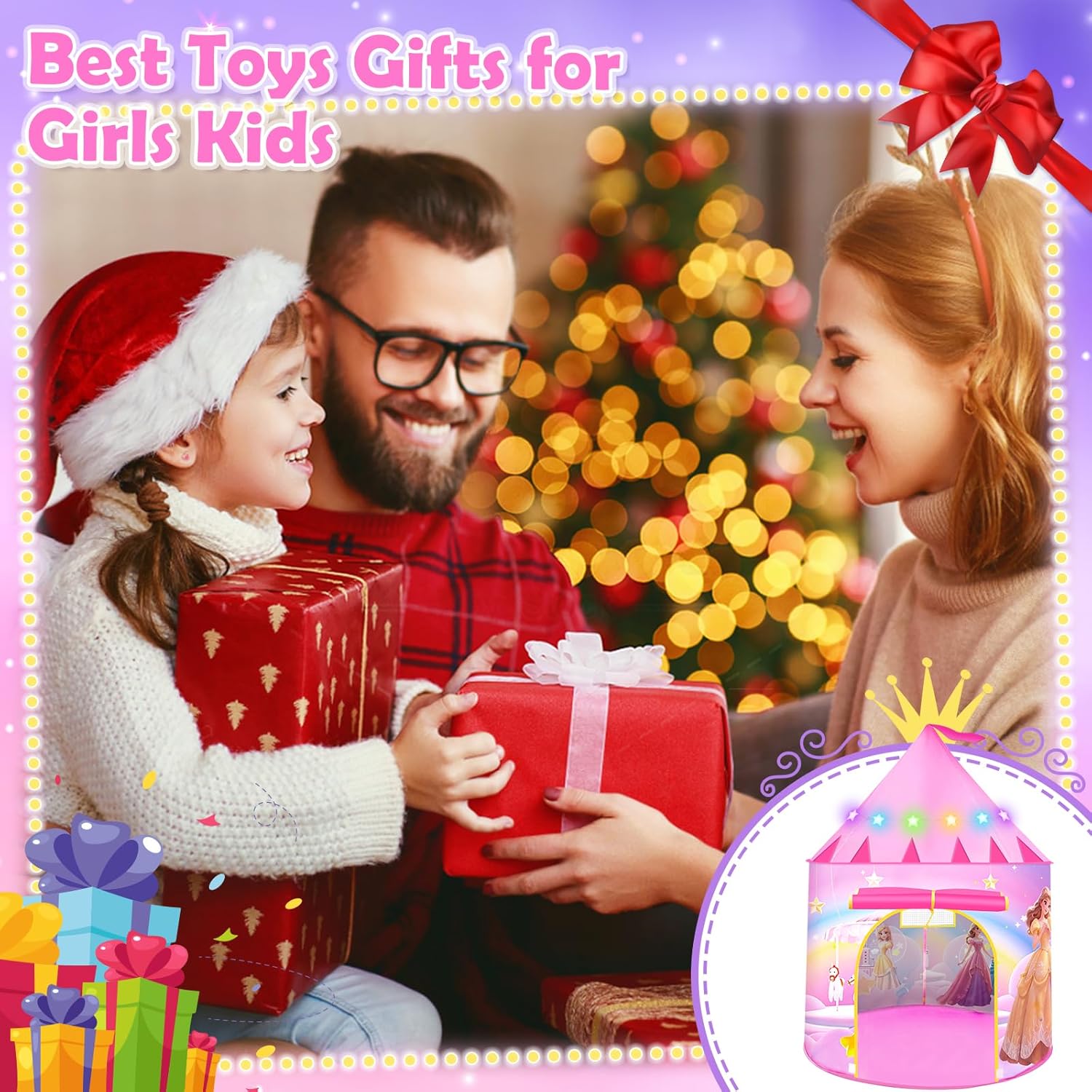 Thumbnail 5 de Princess pop up play tent for girls aged 3–7, foldable teepee with princess design and LED star light