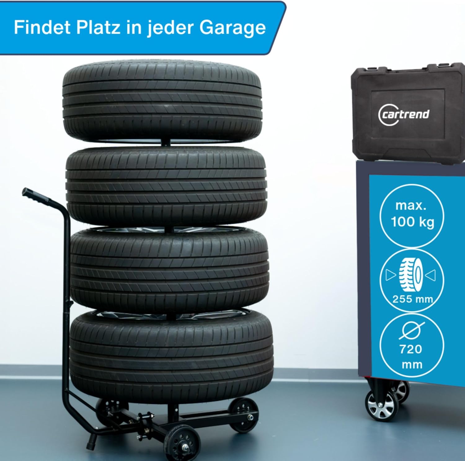 Detalle de cartrend Felgenbaumwagen – fahrbar mit Reifenschutzhülle, geeignet für Felgen bis 255 mm Breite