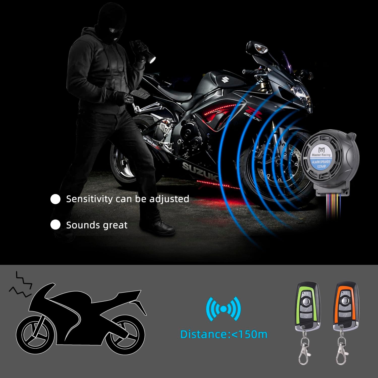 Thumbnail 4 de Rupse Motorrad-Alarmanlage 125 dB mit Start-Stopp per Fernbedienung (2 Fernbedienungen)