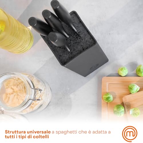 Detalle 2 de MasterChef Set Coltelli da Cucina con Ceppo Universale – 5 Pezzi, Lame Affilate, Manici Neri