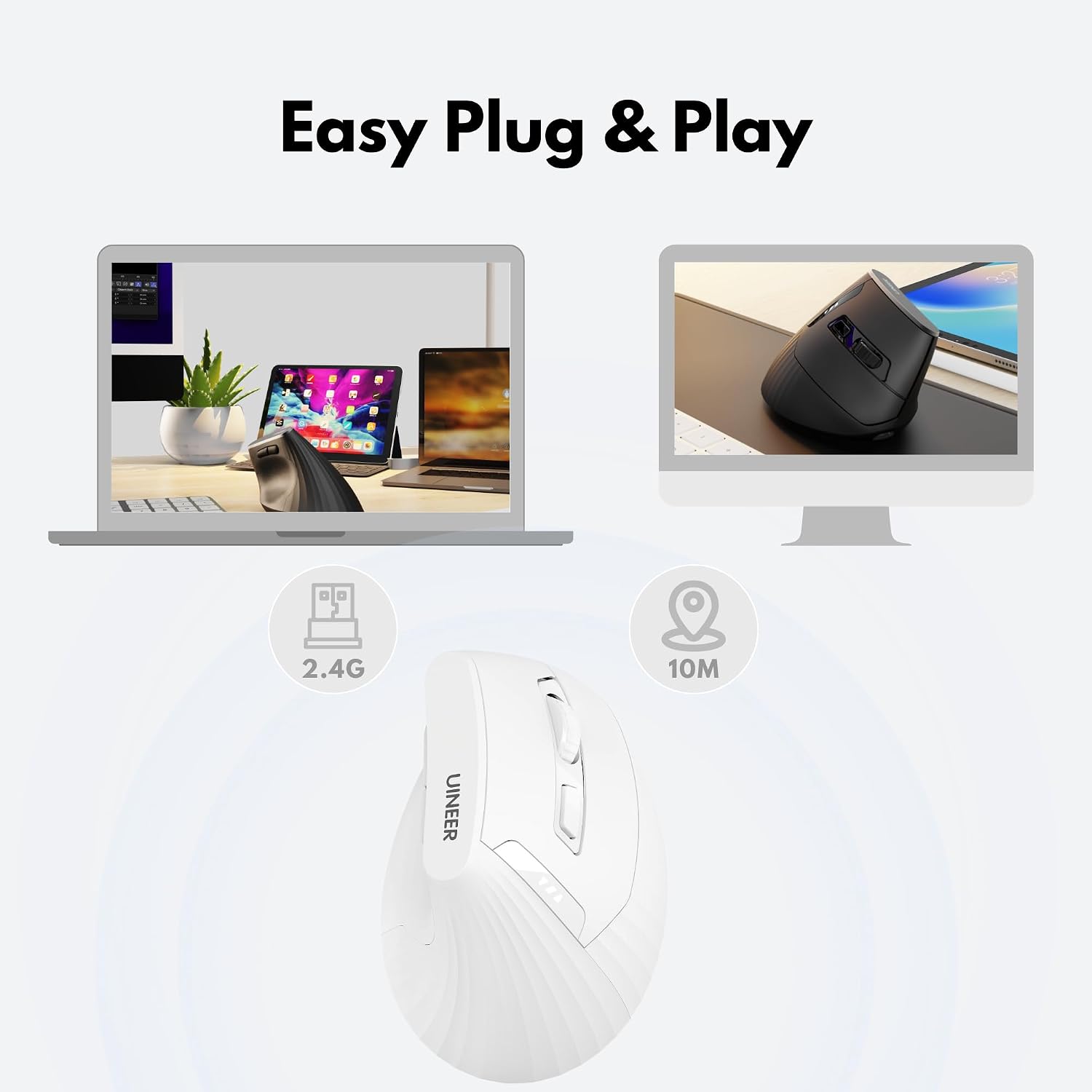 Detalle de Uineer 2.4G Rechargeable Vertical Wireless Mouse — 59° Ergonomic Design for RSI Comfort