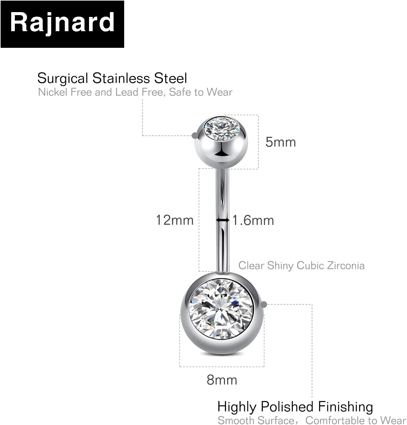 Detalle de Rajnard Bauchnabelpiercing 14G 12mm – 4er Set aus Chirurgenstahl mit CZ-Perle und Kristallkugel