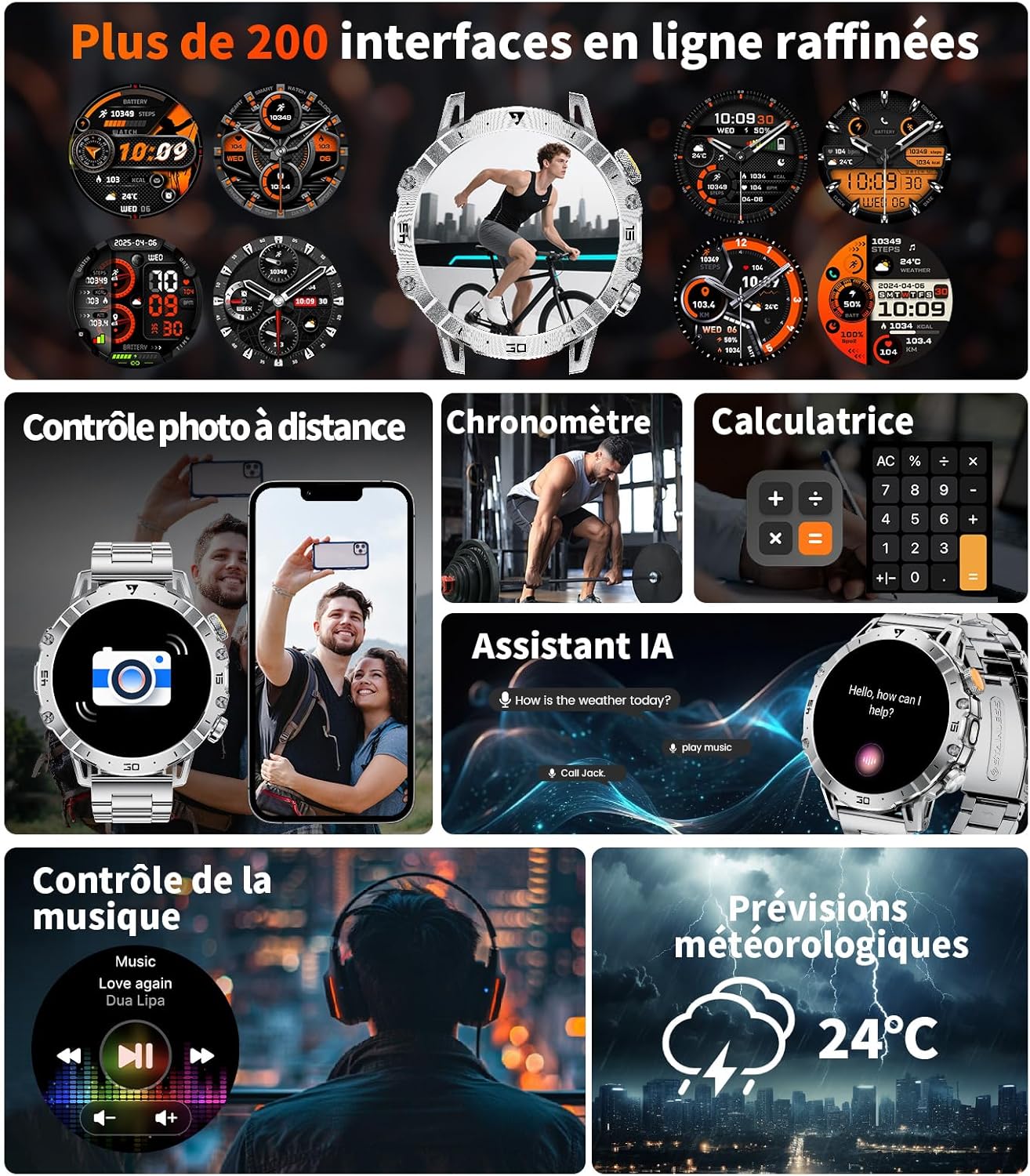 Thumbnail 6 de SUNKTA Montre Connectée Homme 1000 mAh – 1,7″ HD, 3 bracelets, Bluetooth appels, LED et suivi santé