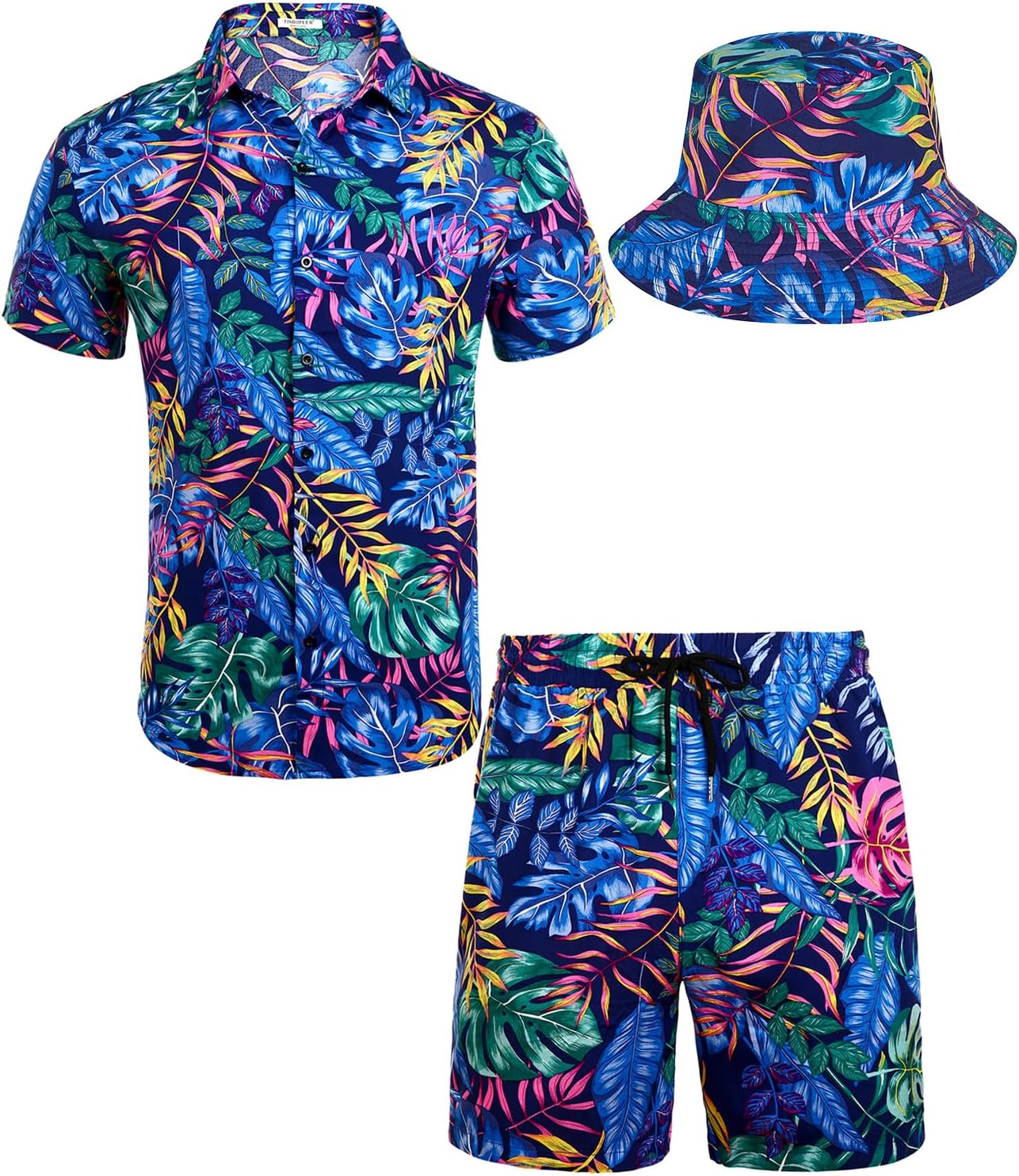 Detalle de EISHOPEER Men’s Hawaiian Shirt and Shorts Set with Tropical Print and Bucket Hat