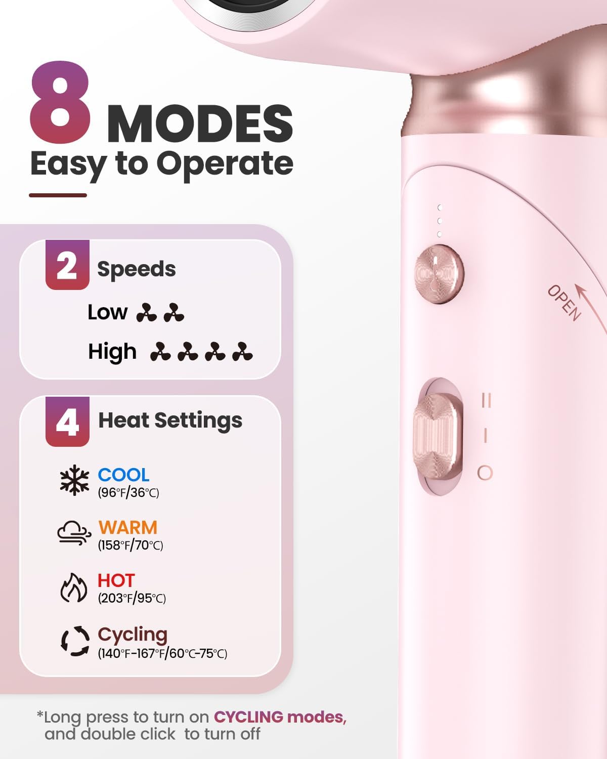 Detalle de Travel Hairdryer Dual Voltage-Foldable Hair Dryer Mini with Magnetic Diffuser — 1300W, 100-240V, Portable Ionic Pink