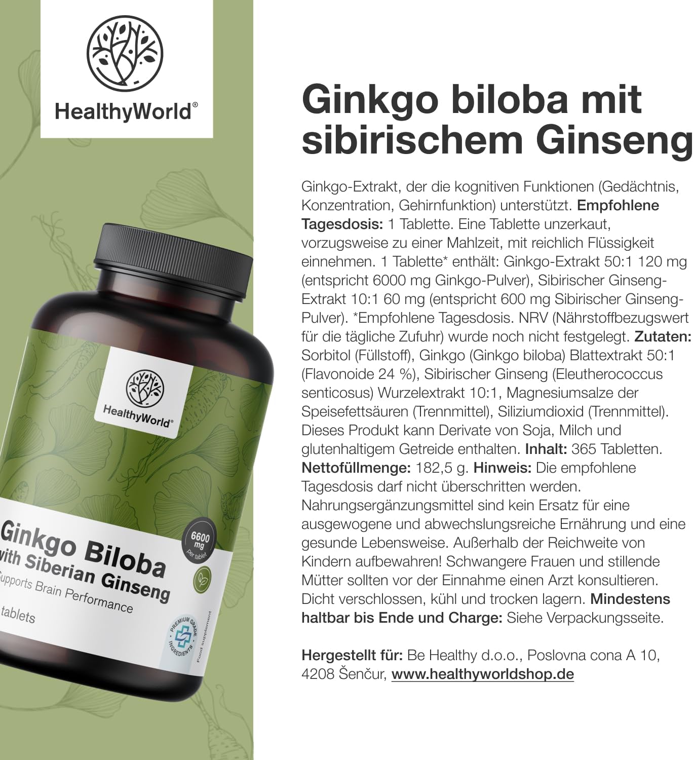 Thumbnail 6 de HealthyWorld Ginkgo Biloba mit sibirischem Ginseng (6.600 mg) – 365 Tabletten für die tägliche kognitive Unterstützung