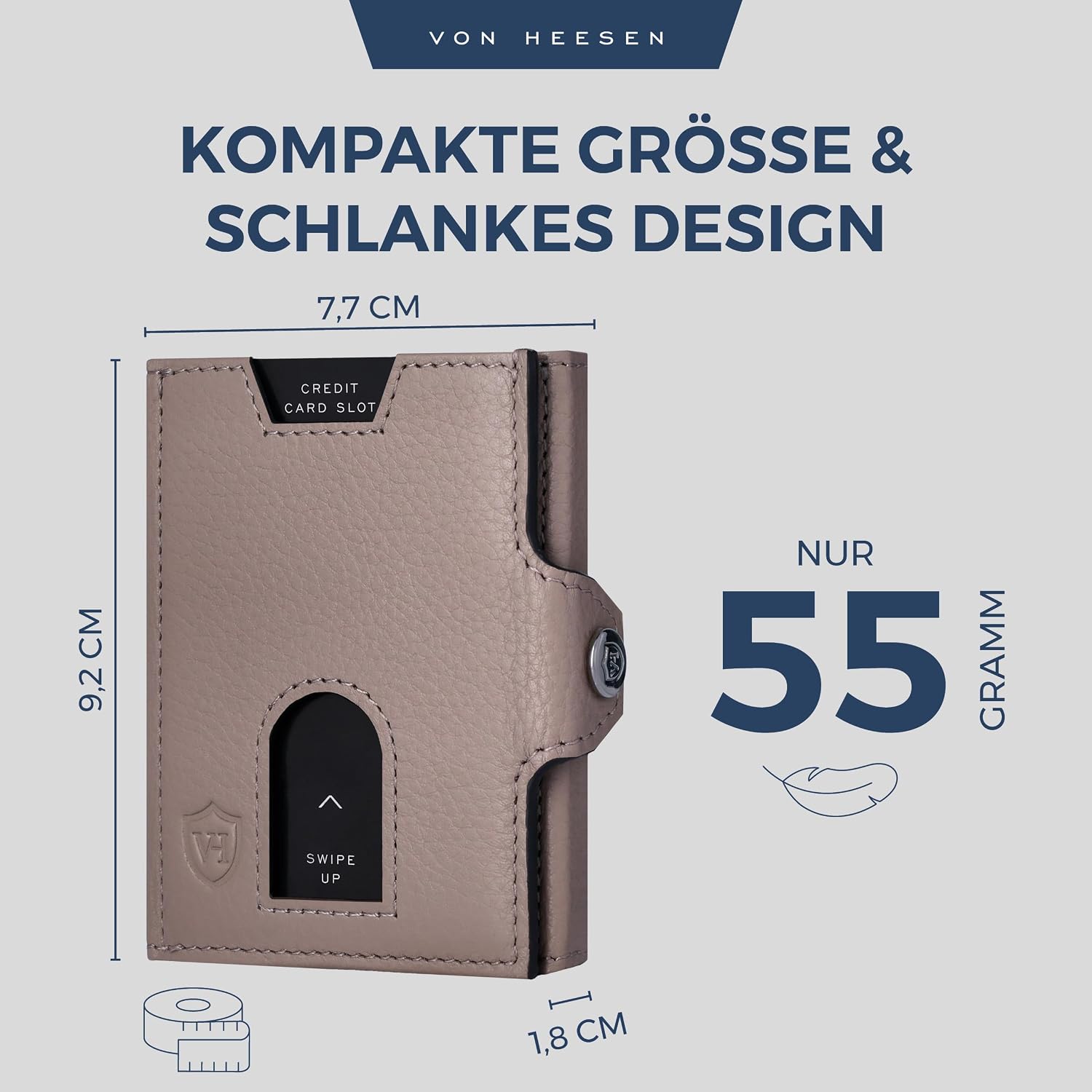 Detalle de VON HEESEN Slim Wallet mit RFID-Schutz – kleines Echtleder Kartenetui (Taupe), flach & leicht
