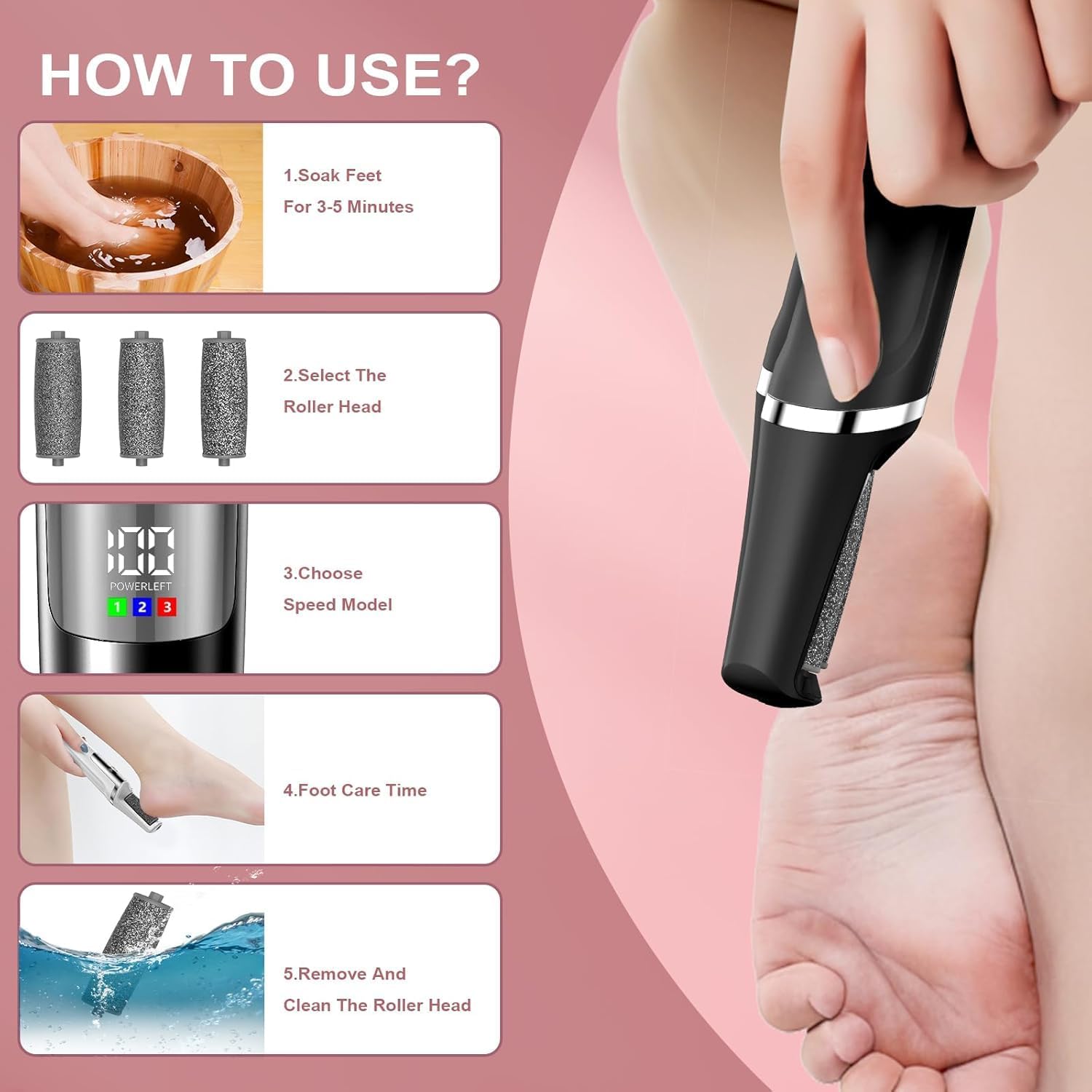 Thumbnail 4 de Dongxw Electric Callus Remover for Feet – Rechargeable Foot File with 3 Roller Heads