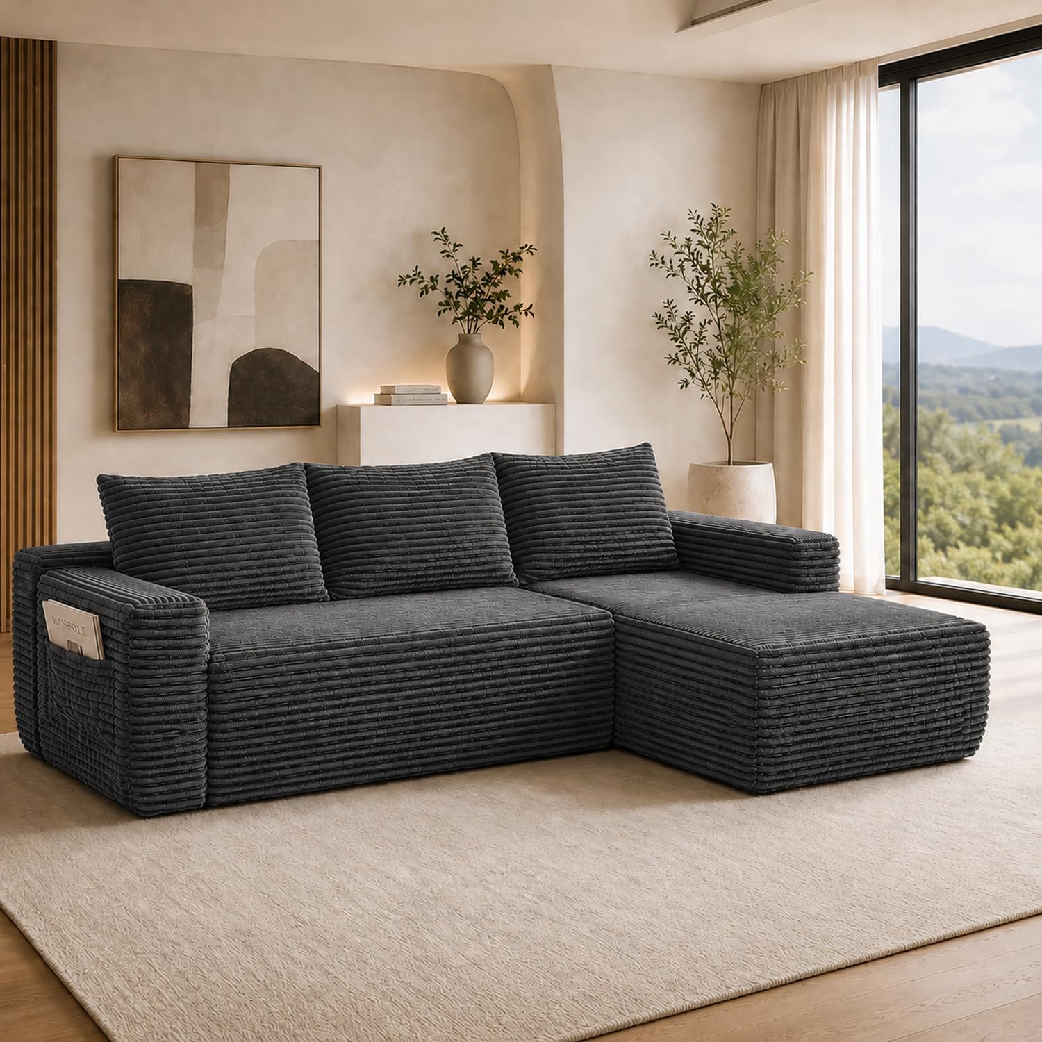 Detalle de Yomsum SF658Grey-R 96-Inch Right-Facing Sectional, Corduroy, Deep Seat