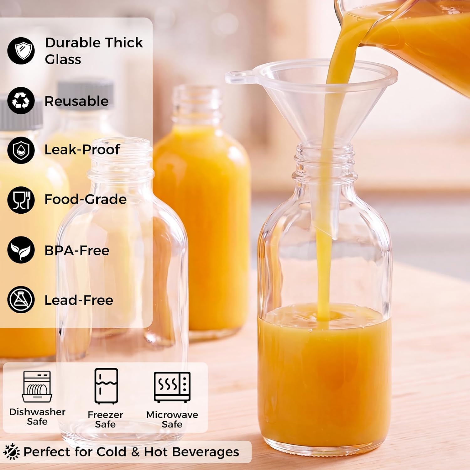 Detalle de AOZITA 16-Pack 2 oz Clear Glass Bottles with Lids & 3 Funnels – 60ml Boston Round for Health, Wellness, Travel & DIY