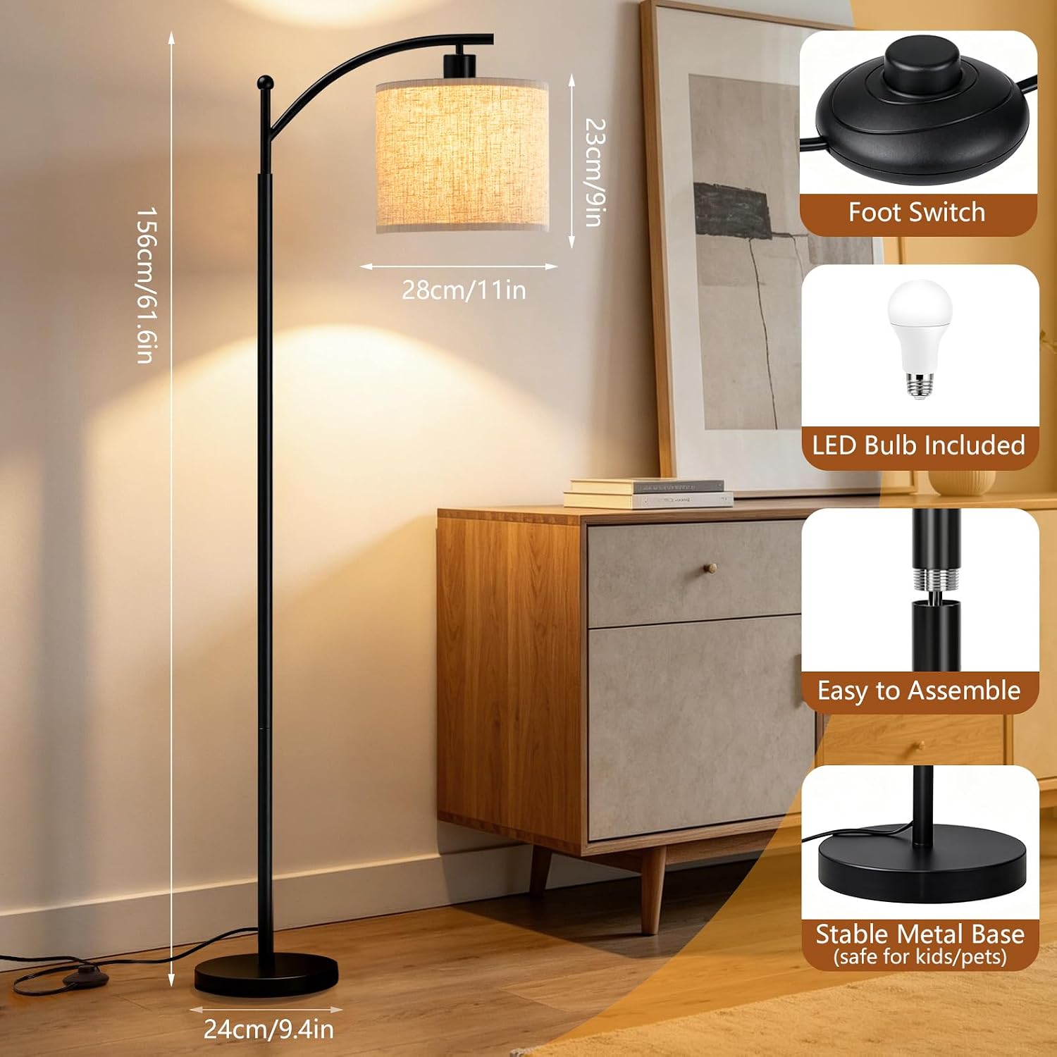 Detalle de SANGFOR XLGZ-L1-001BK Floor Lamp, Dimmable LED with Linen Shade