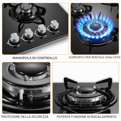 Detalle de TopStrong Piano Cottura a Gas 4 Fuochi in Vetro Nero – 8060 W, FFD, NG/LPG
