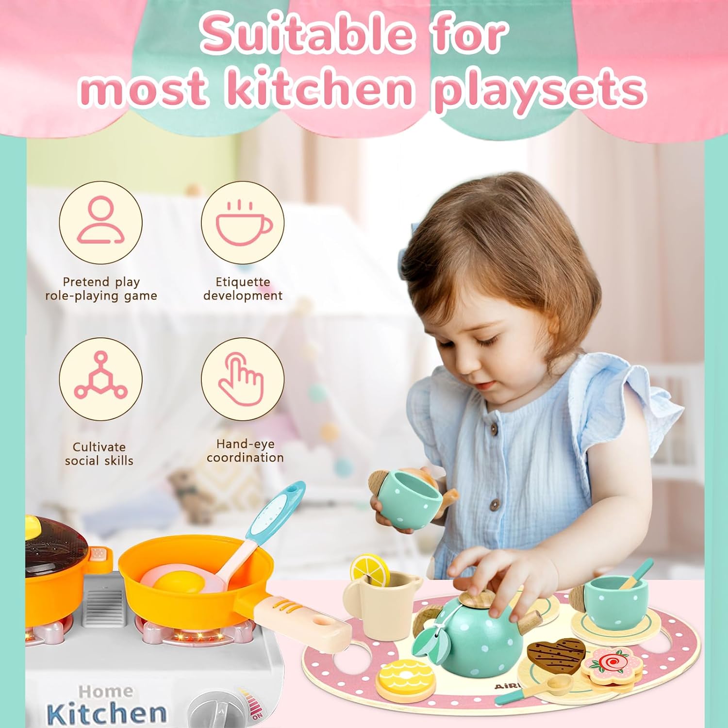Detalle de Airlab Wooden Tea Set – Afternoon Tea Party Set for Toddlers (pretend play kitchen accessories)