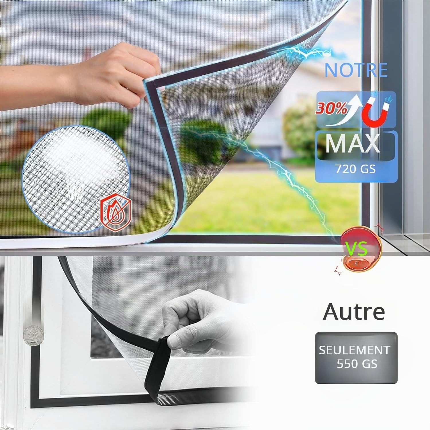 Detalle de UtauHom Moustiquaire Fenêtre Magnétique Recoupable jusqu’à 130x150 cm – Moustiquaire fibre de verre, sans vis, cadre blanc, mesh grise