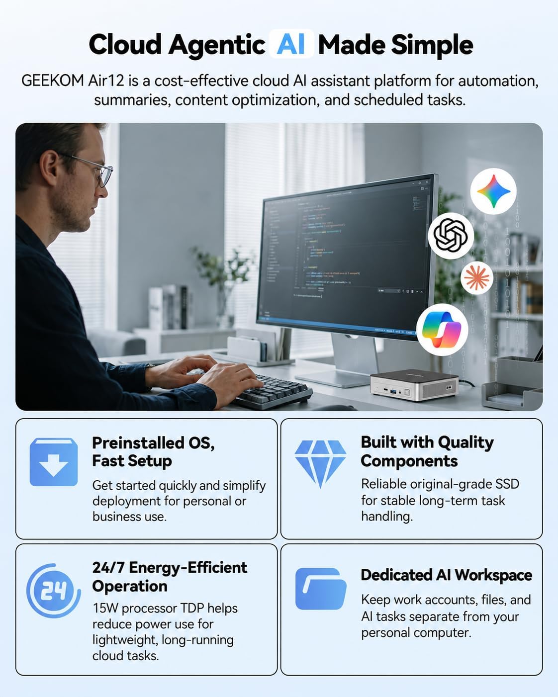 Detalle de GEEKOM Air12 Mini PC for Business & WFH (2026) — Intel 7505, Dual-Slot RAM, 3-Year Warranty