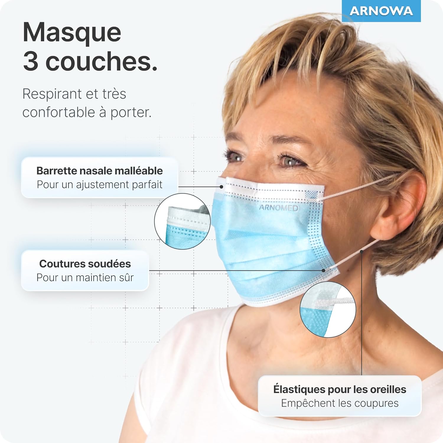 Detalle de ARNOMED masques médicaux chirurgicaux type IIR EN 14683 (50 pièces) – bleus