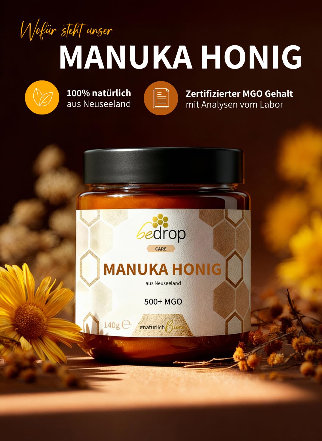 Detalle de bedrop Manuka Honig MGO 500+ 140 g Glas 🍯