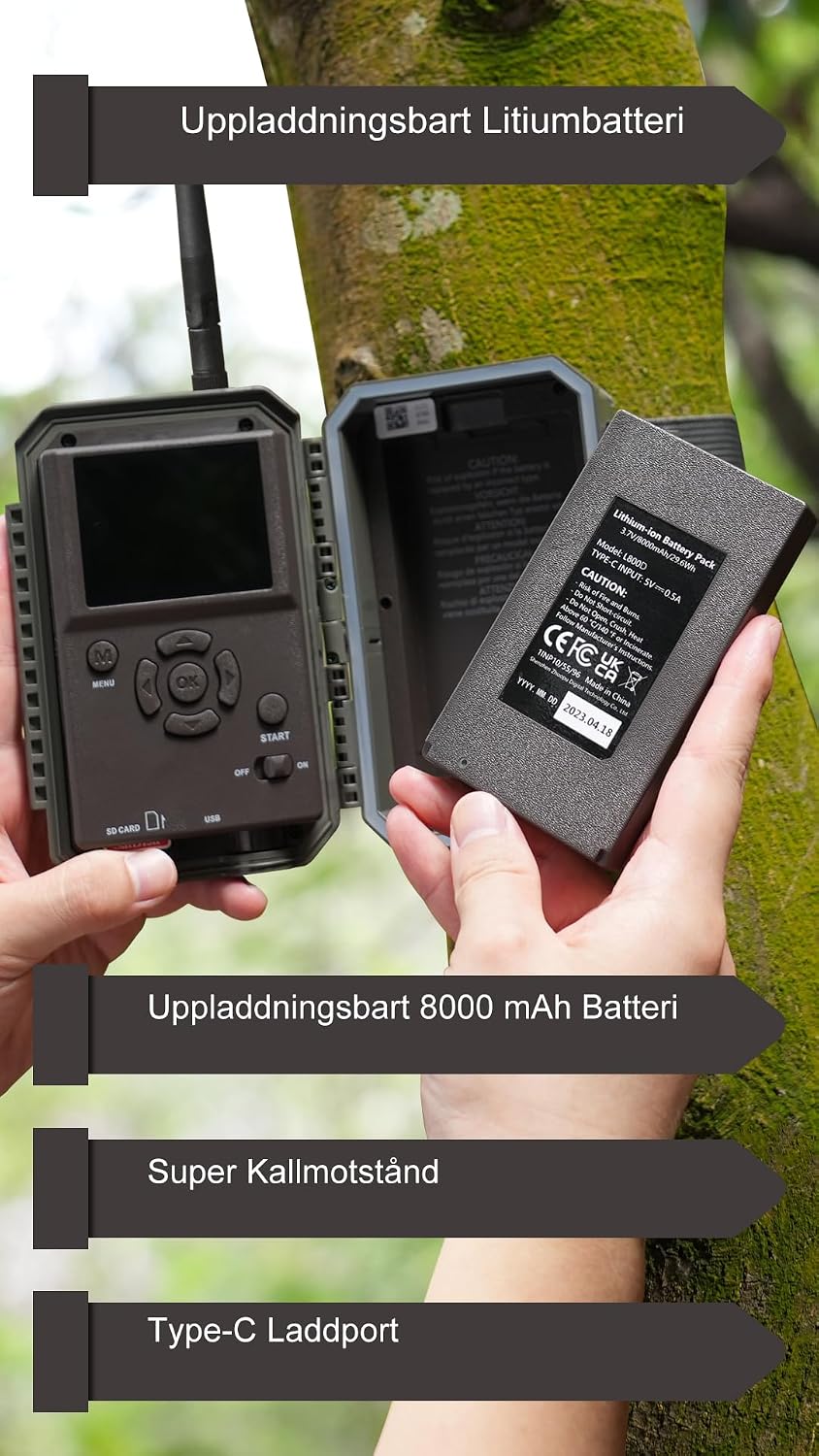 Detalle de GardePro E6P viltkamera med Wi-Fi, 64 MP, 110° synfält och uppladdningsbart batteri