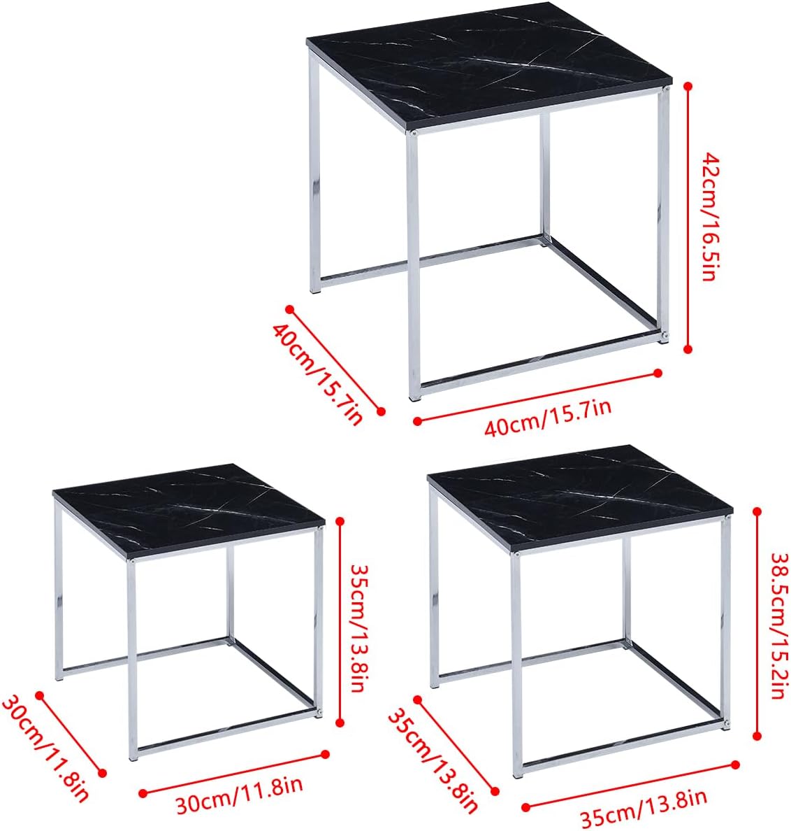 Detalle 2 de 3er Set verschachtelte Beistelltische in Marmoroptik (Schwarz) mit Metallgestell