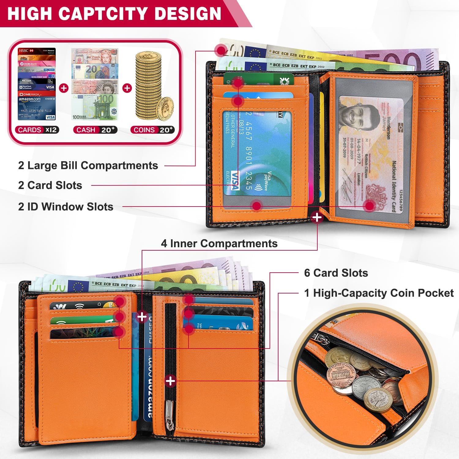 Detalle 2 de TEEHON men’s RFID blocking carbon fibre wallet (bifold, black & orange) with 12 card slots
