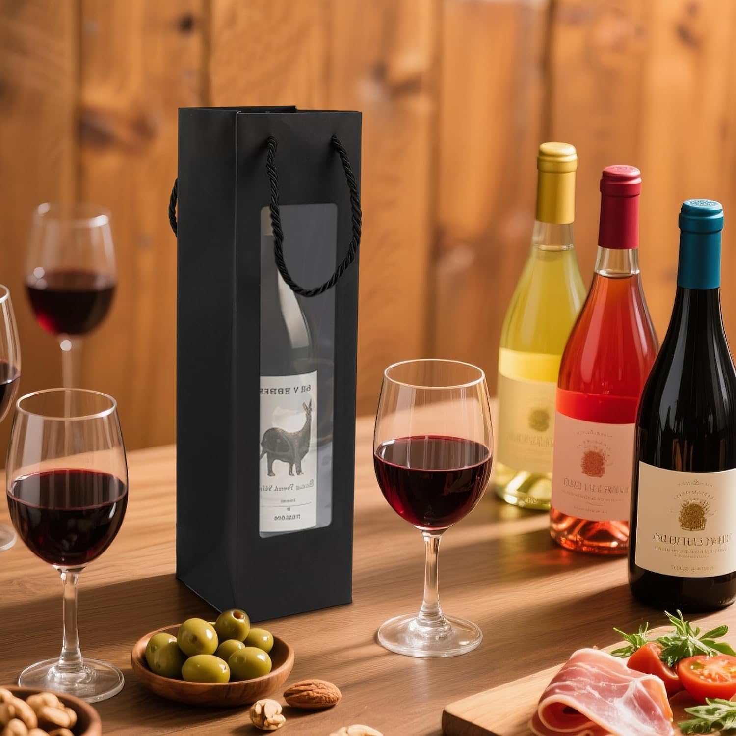 Thumbnail 6 de CHIHEUNG 30-Pack Wine Bottle Bags with Window – Black Kraft Paper Gift Bags for Festive Gifting