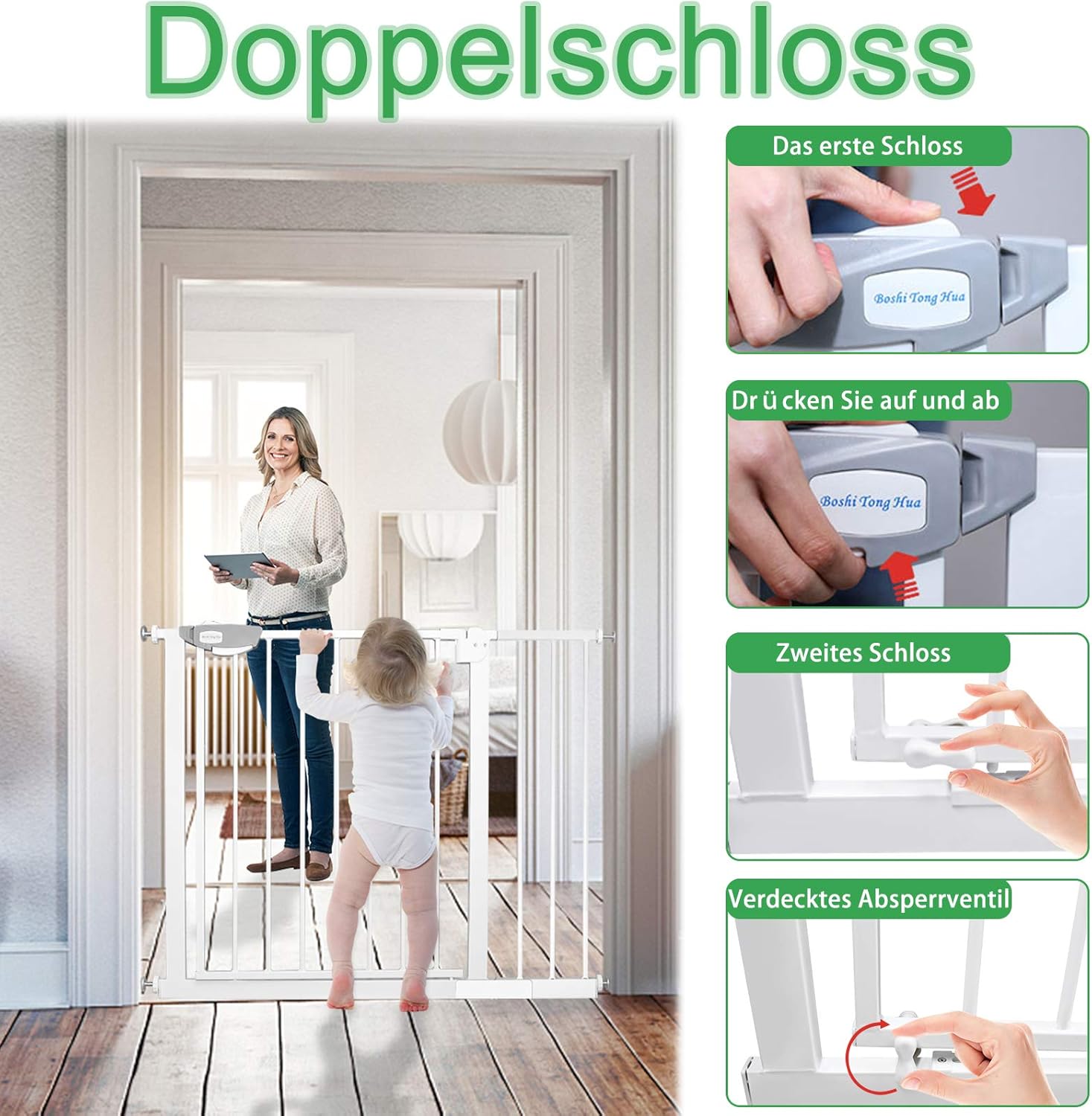 Thumbnail 5 de Aufun Treppenschutzgitter Türschutzgitter Kinder ohne Bohren, 75–85 cm Breite, Weiß