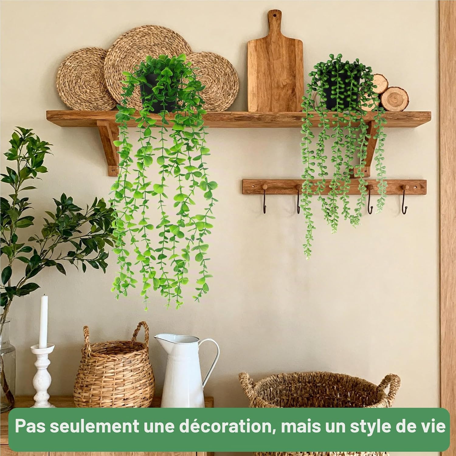 Detalle de LIAILA — Ensemble de 4 plantes tombantes artificielles avec pots (lierre, fougères, pothos, eucalyptus) pour intérieur et extérieur