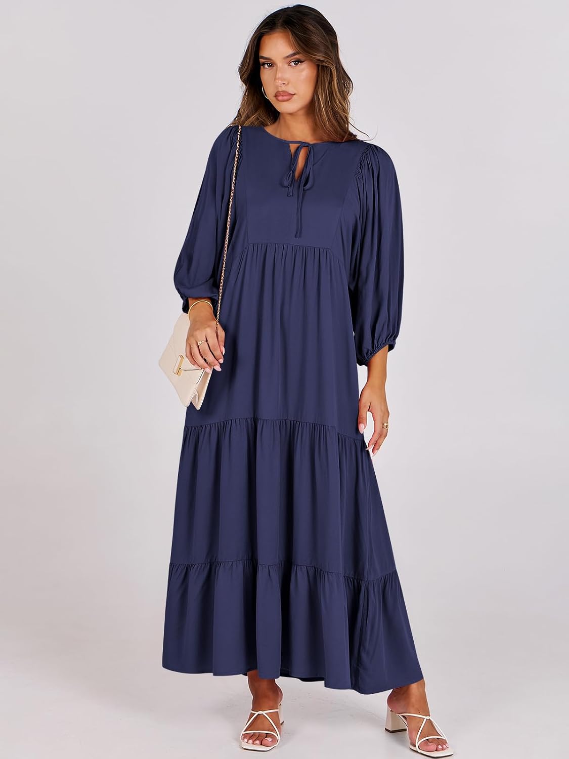 Detalle de ANRABESS Womens Boho Maxi Dress: 2026 Summer Floral V-Neck, Puff Sleeve, Tiered Swing