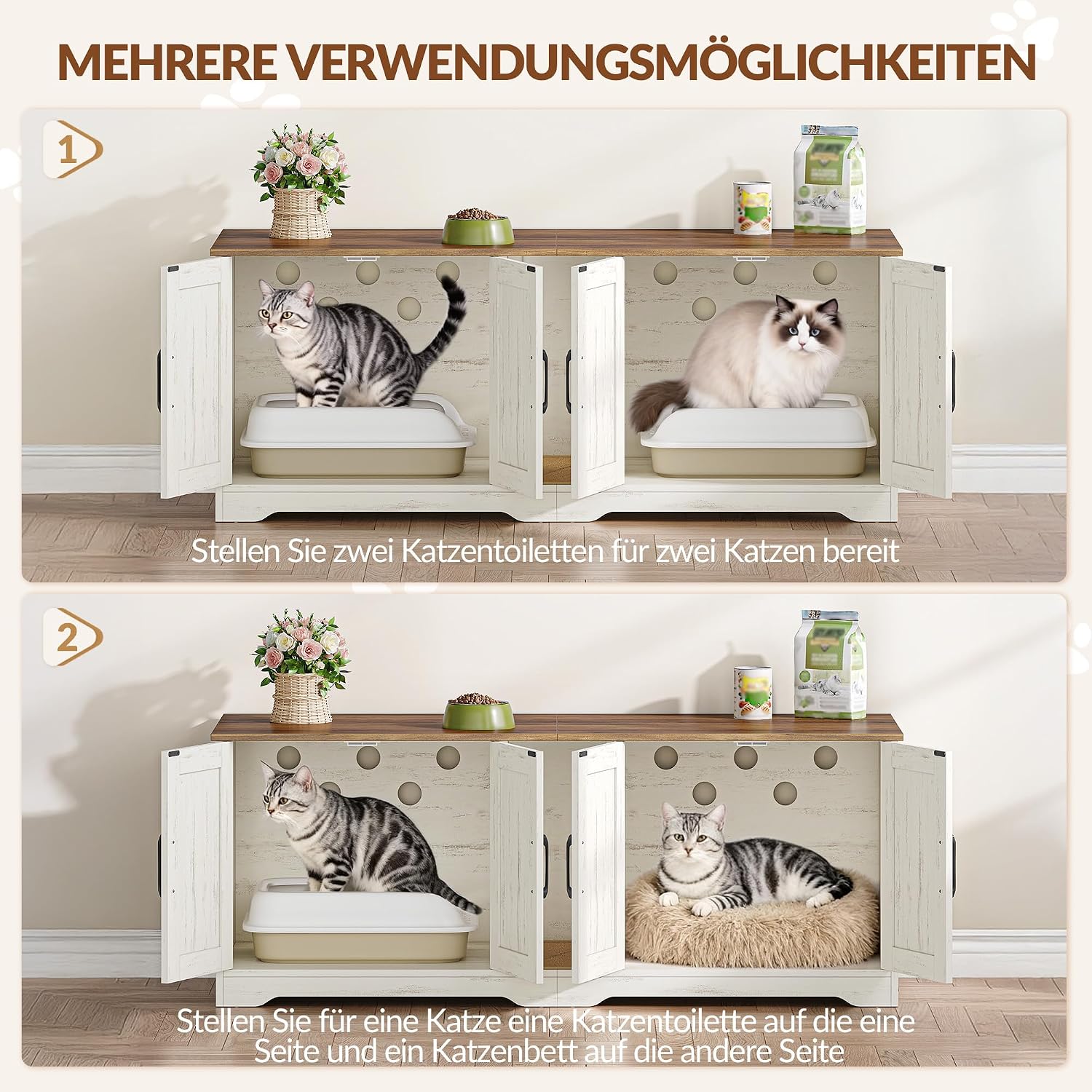 Detalle de Fobyfurny Katzenklo Schrank für 2 Katzen – 140 x 50 x 55 cm, Braun & Weiß (FPCB103PWR1)