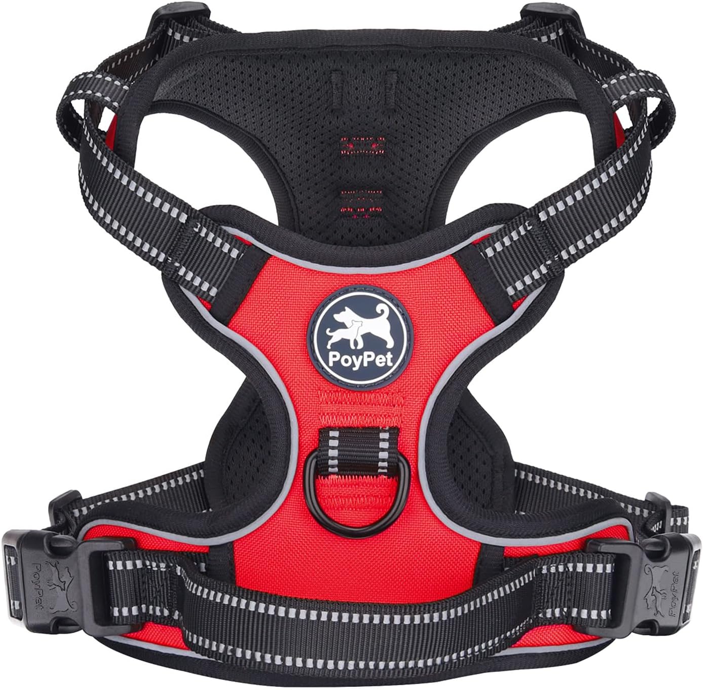 Detalle de PoyPet No Pull Dog Harness with Reflective Vest, 2 Leash Attachments & Easy Control Handle (Red, S)