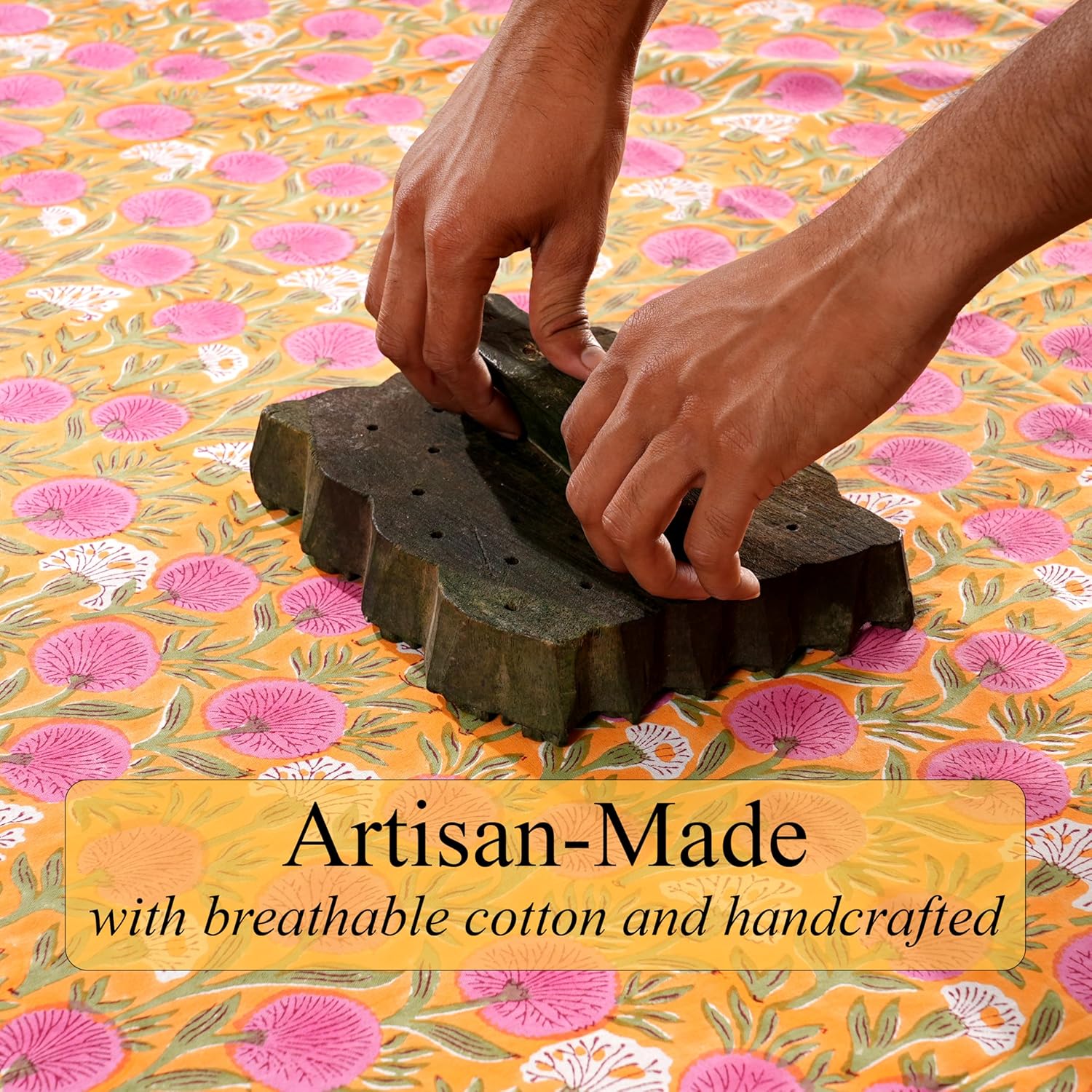 Detalle de Ridhi Bubblegum Pink Hand Block Print Cotton Rectangle Tablecloth — 108" x 70