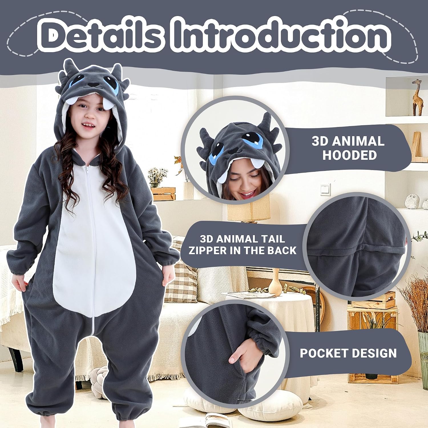 Thumbnail 3 de MICHLEY Halloween Animal Cosplay Pajamas, Double-Zipper One-Piece with 3D Hood